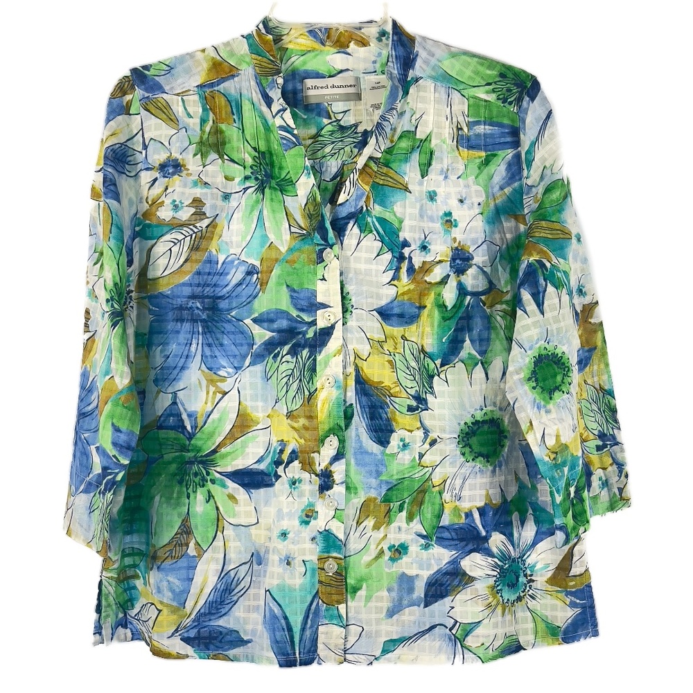 Blue & Green Floral Print Mandarin Collar Button Front Long Sleeve Cotton Blouse